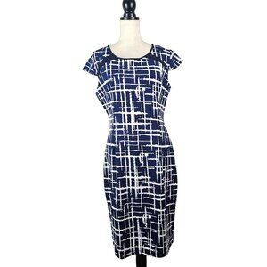 Lunajany Womens Navy & White Abstract Print Sheath Dress Scoop Neck Size Large